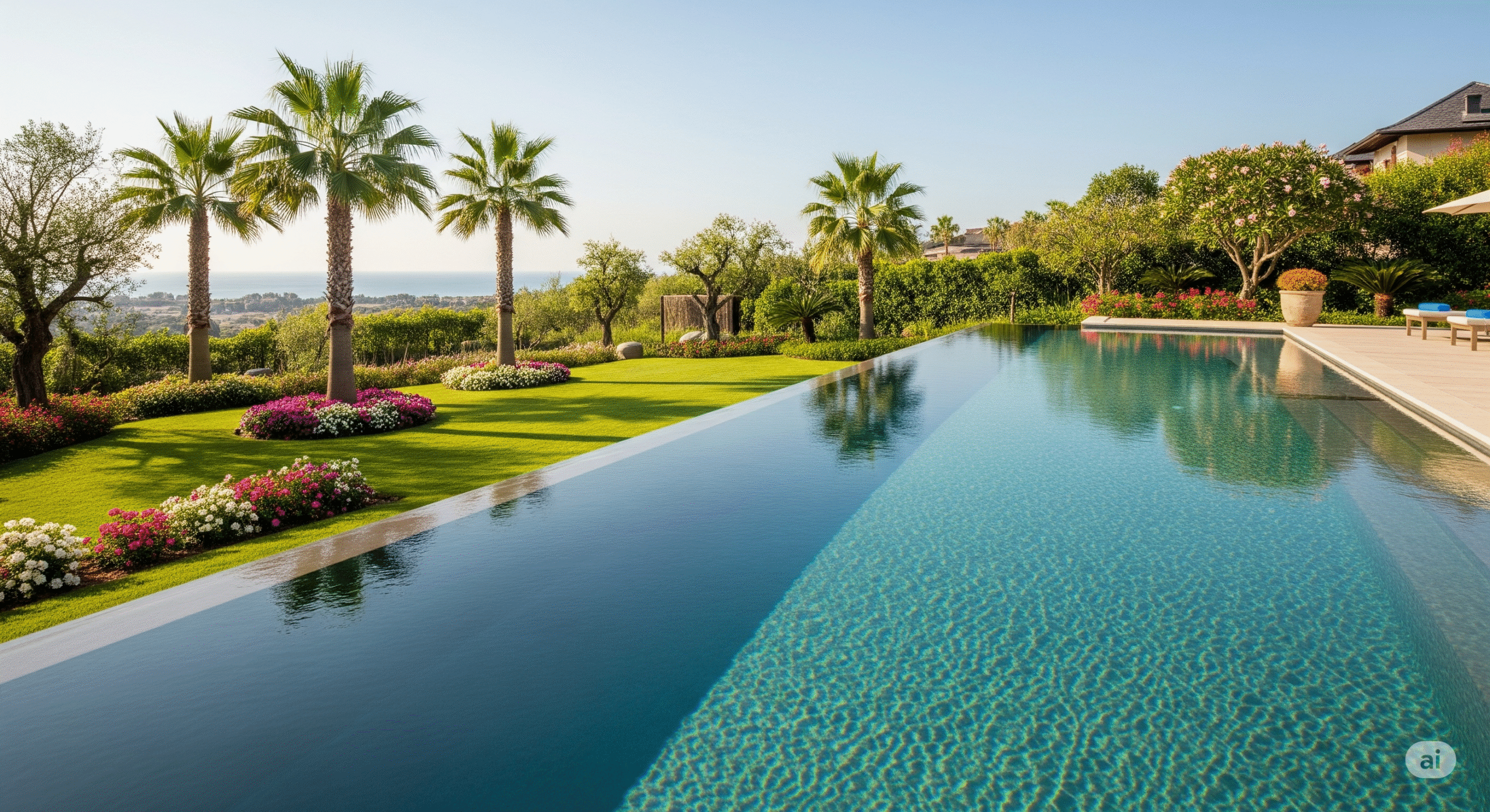 Hồ tràn nhìn ra sân vườn biệt thự, mặt nước phẳng tạo cảm giác mở rộng không gian sống