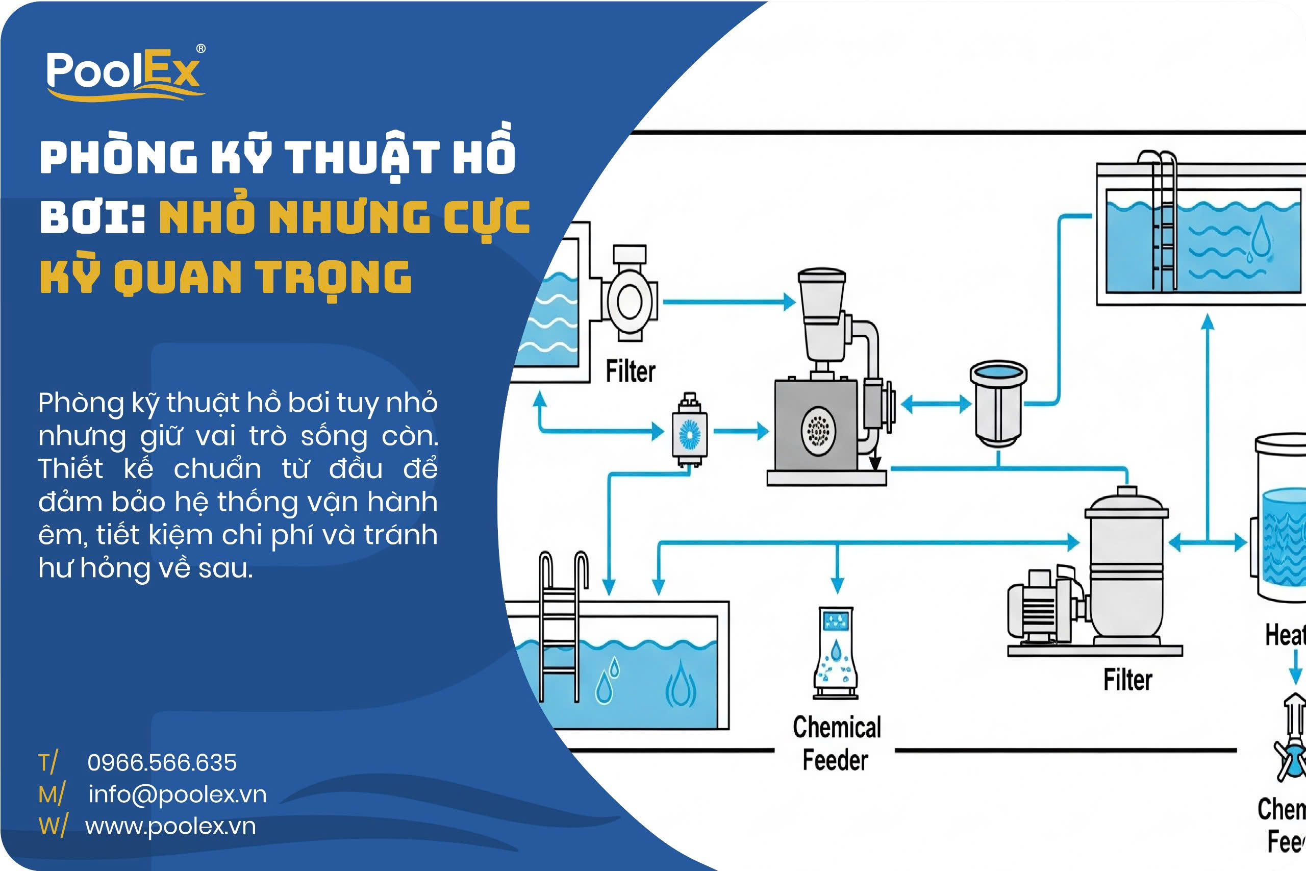 Phòng kỹ thuật hồ bơi tuy nhỏ nhưng giữ vai trò sống còn. Thiết kế chuẩn từ đầu để đảm bảo hệ thống vận hành êm, tiết kiệm chi phí và tránh hư hỏng về sau.