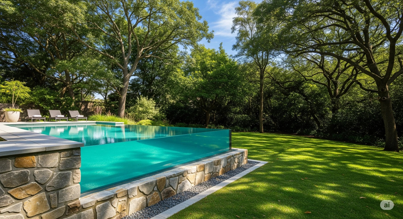 Hồ bơi tràn kính – view vườn – ốp đá tự nhiên