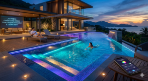 Xu hướng thiết kế chiếu sáng bể bơi 2026 với đèn RGB hiện đại