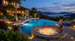 Jacuzzi hồ bơi kết hợp ánh sáng và cảnh quan