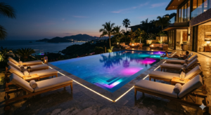 Ánh sáng hồ bơi RGB tạo không gian thư giãn và sang trọng