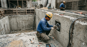 Vỏ đèn bể bơi được lắp âm trong kết cấu bê tông trước khi chống thấm