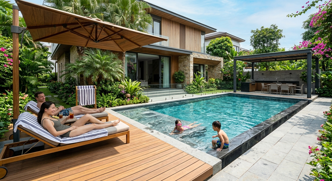 hoàn thiện bể bơi gia đình cao cấp