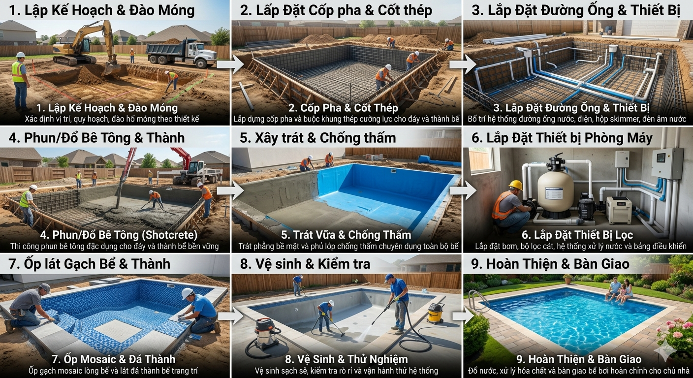 quy trình thi công bể bơi tiêu chuẩn thực tế