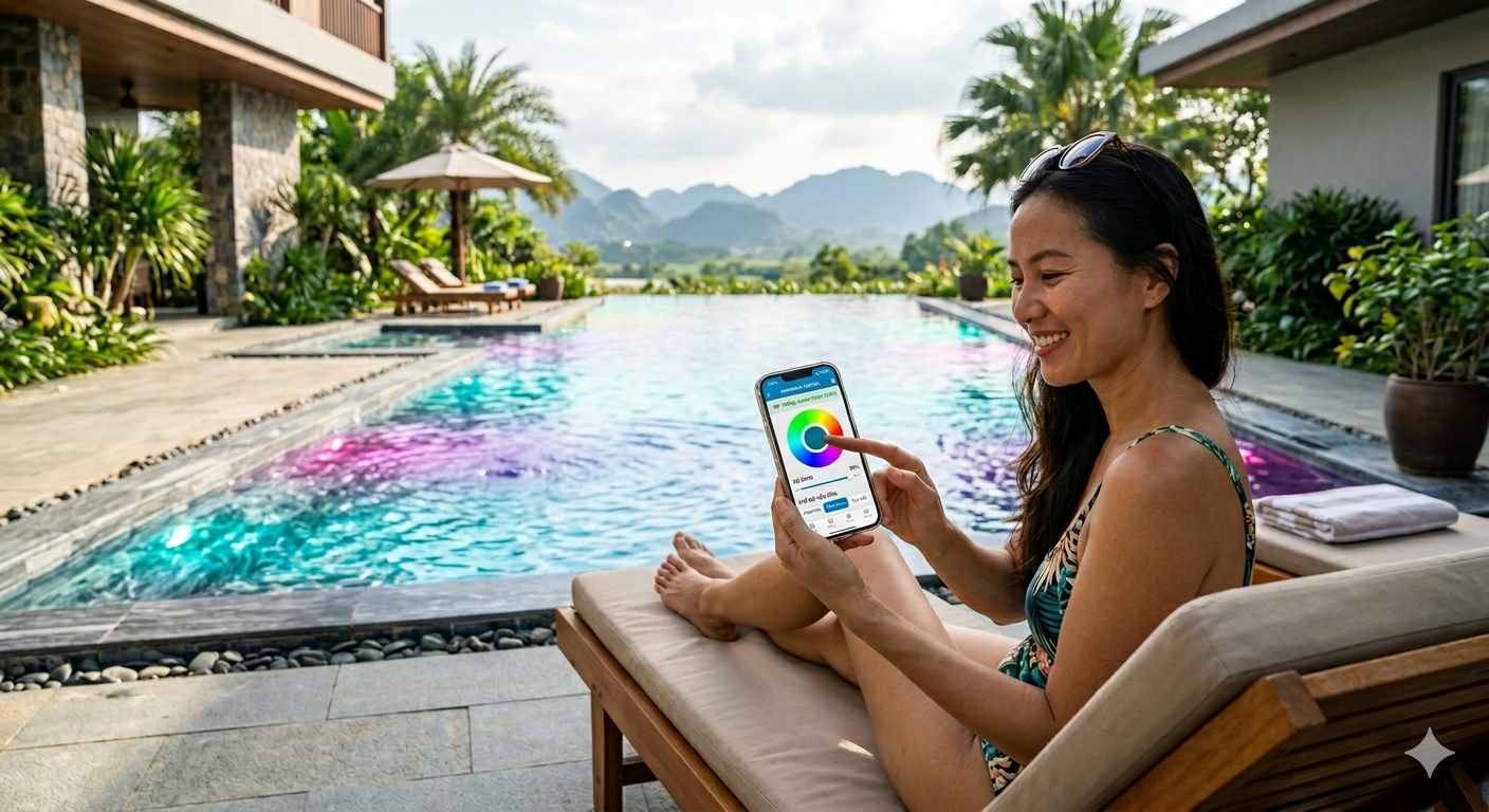 hệ thống đèn LED hồ bơi điều khiển bằng điện thoại
