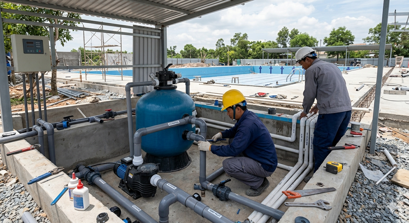 lắp đặt hệ thống lọc ảnh hưởng thời gian thi công hồ bơi