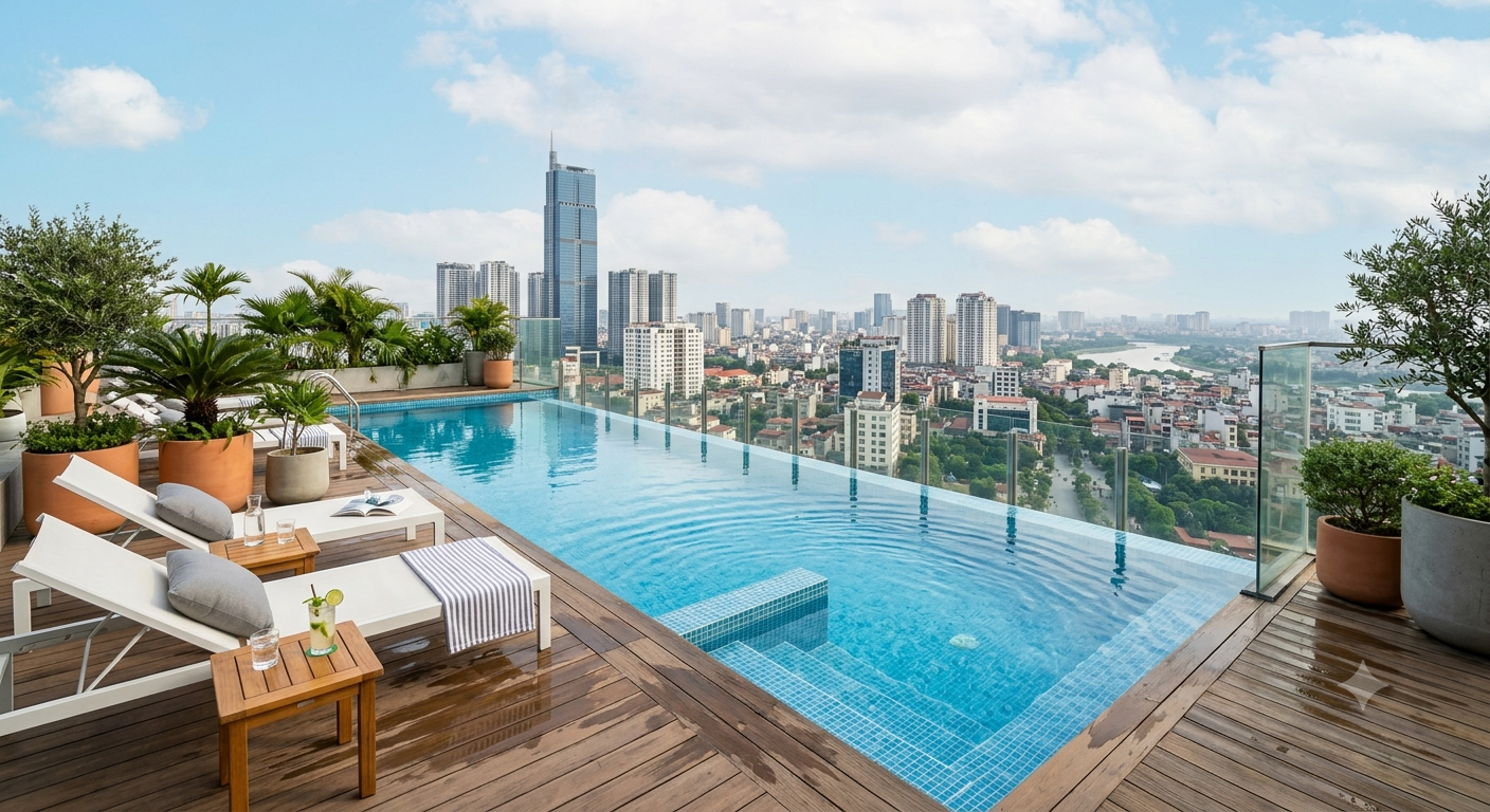 Bể bơi mini tràn vô cực trên sân thượng