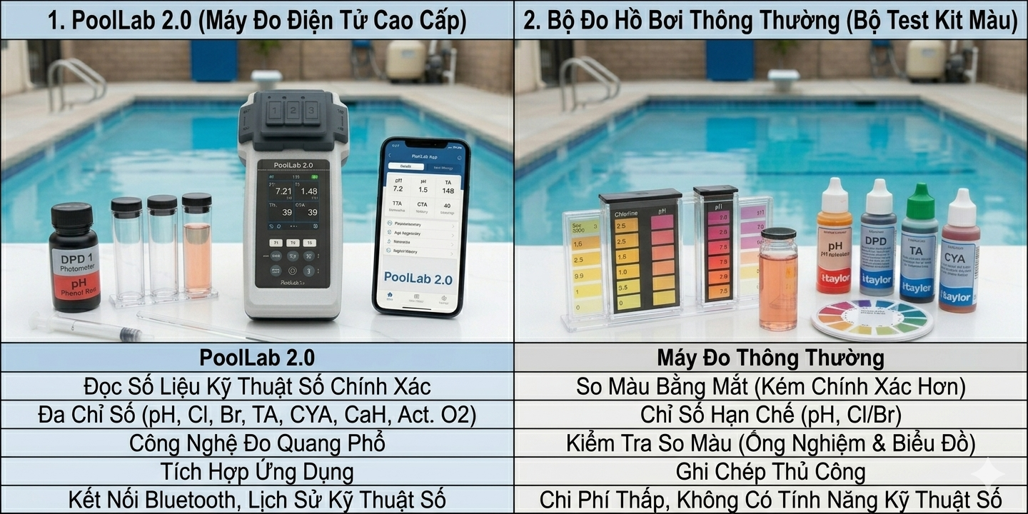 So sánh PoolLab 2.0 với máy đo nước hồ bơi thông thường
