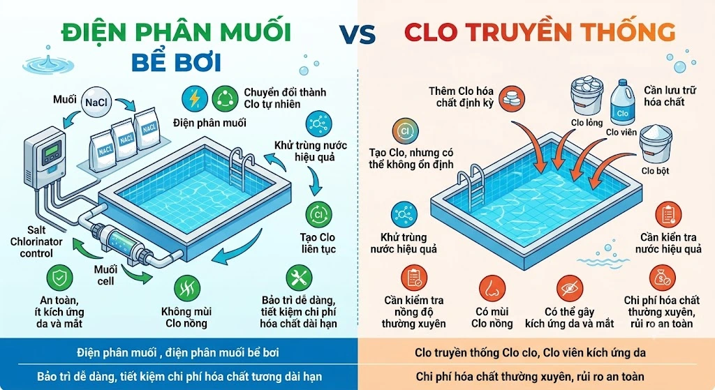 So sánh Điện phân muối và Clo 