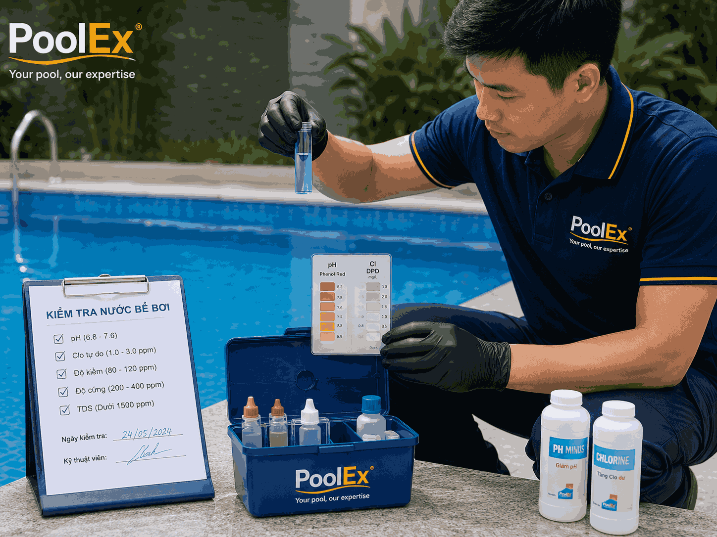 Đo pH và Clo sau khi cách làm sạch gạch bể bơi