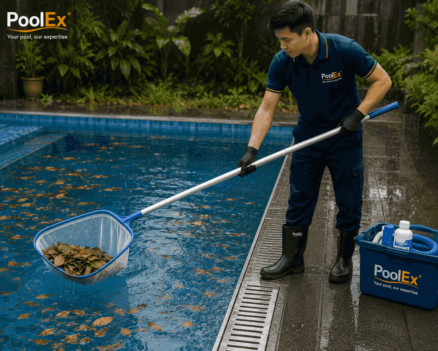 vệ sinh bể bơi sau mùa mưa