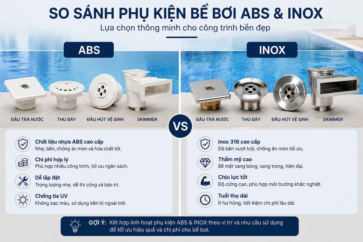 So sánh phụ kiện bể bơi ABS và inox về độ bền và thẩm mỹ