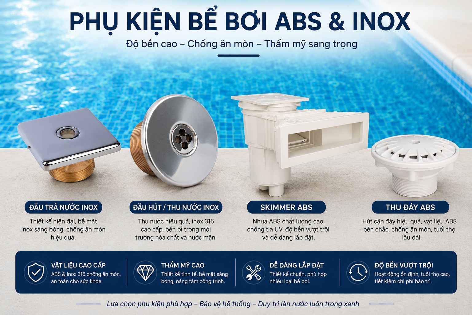 Phụ kiện bể bơi ABS và inox sử dụng trong hệ thống bể bơi