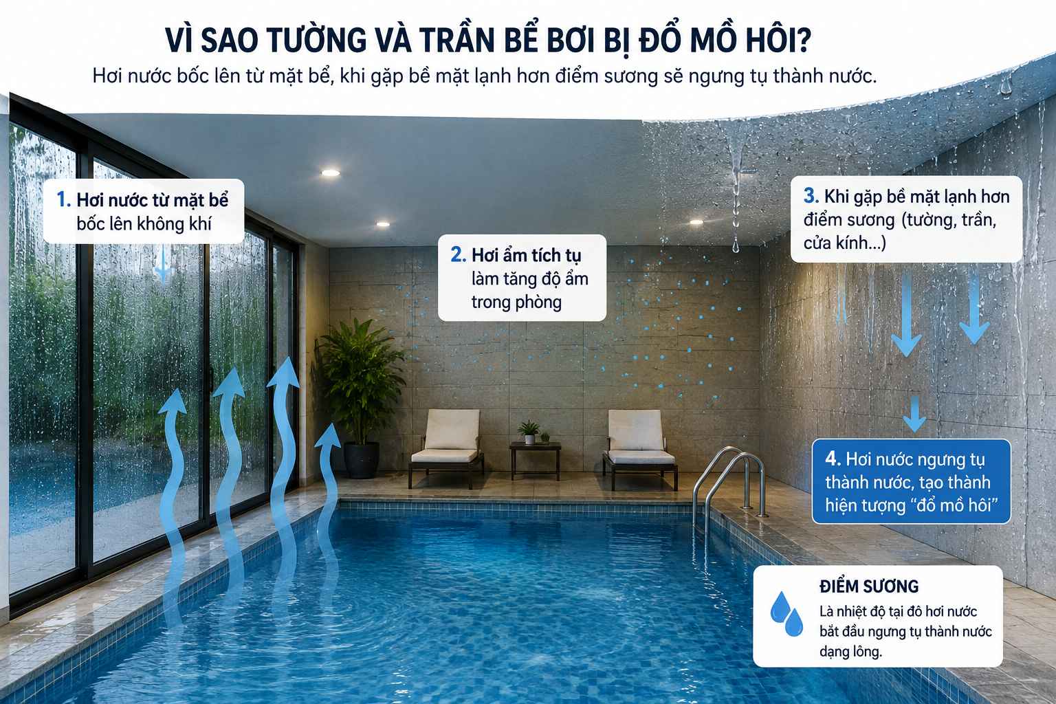 nguyên nhân tường bể bơi đọng nước trong bể bơi trong nhà