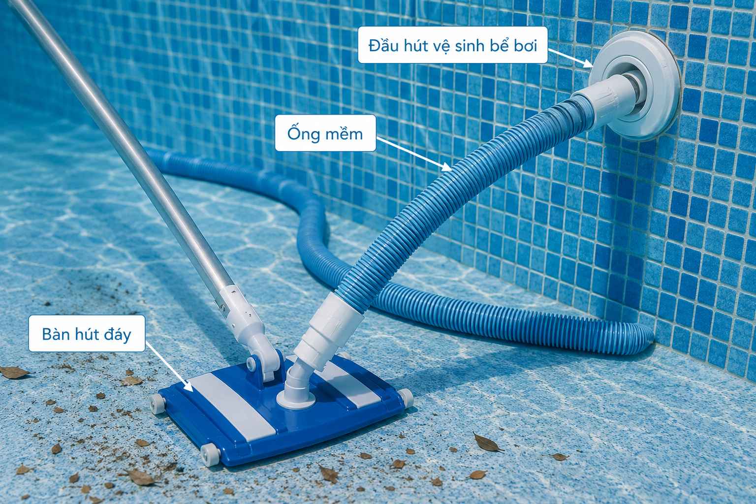 Đầu hút vệ sinh bể bơi kết nối với ống mềm và bàn hút đáy