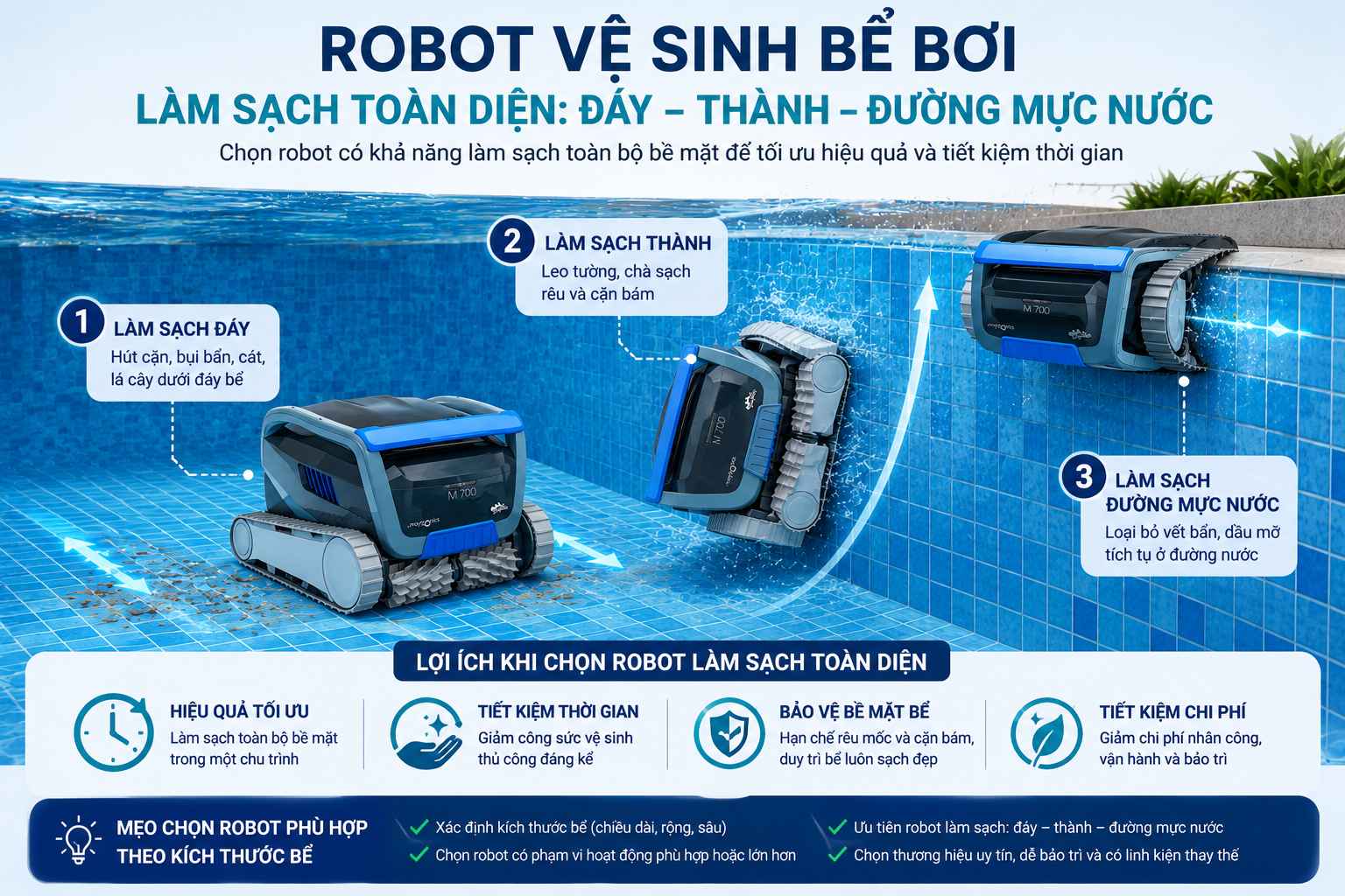 Cách chọn robot bể bơi làm sạch đáy thành và đường mực nước
