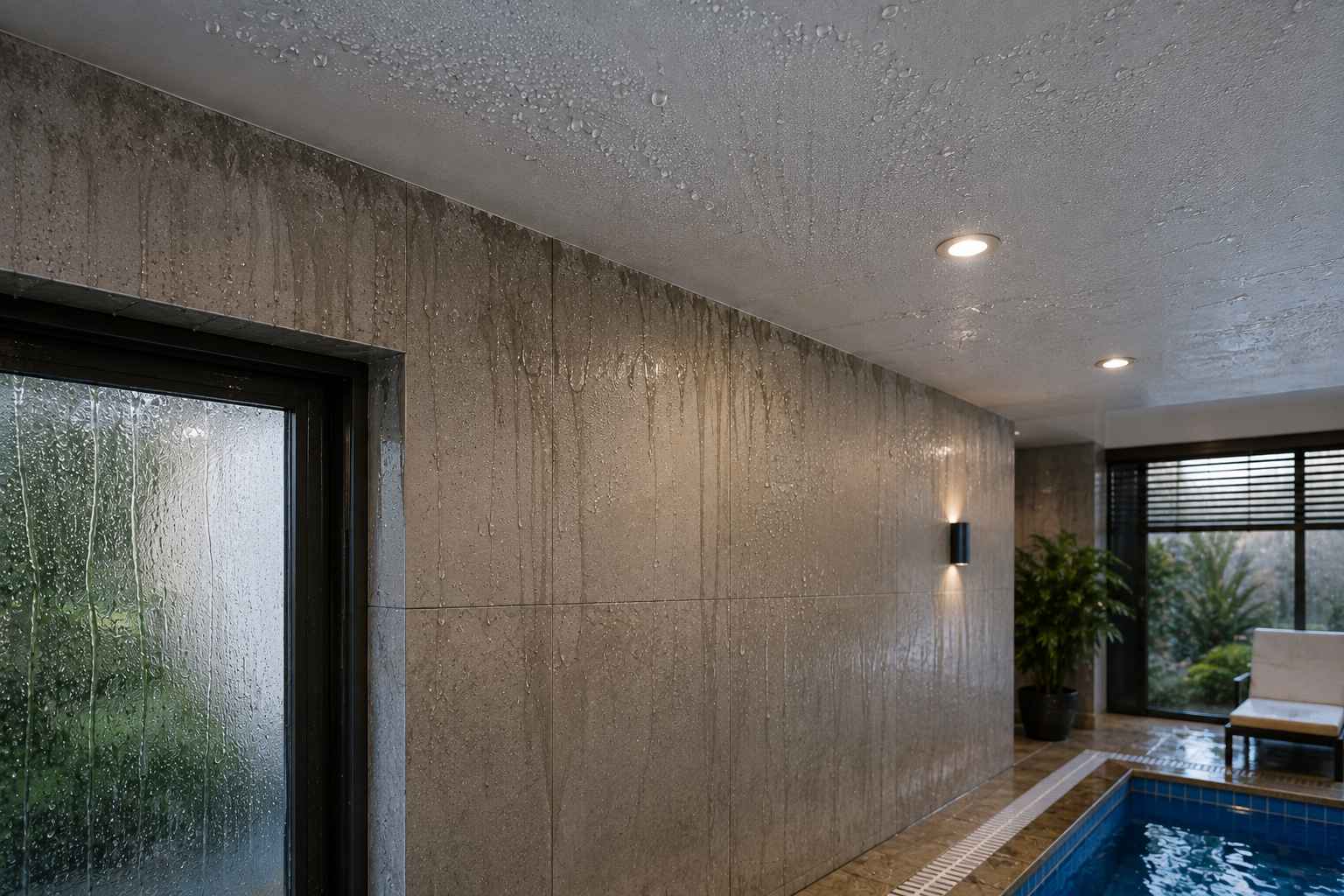 độ ẩm phòng bể bơi gây đọng nước trên tường và trần