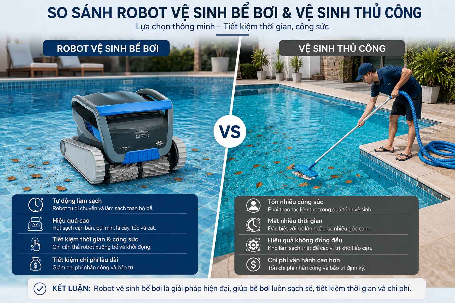 So sánh robot vệ sinh bể bơi và vệ sinh thủ công