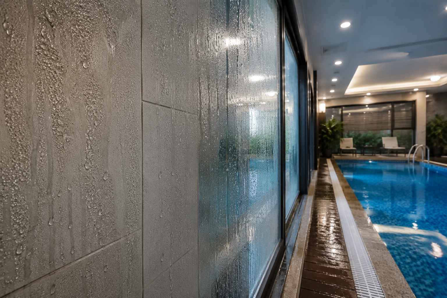 tường bể bơi đọng nước do hơi nước ngưng tụ