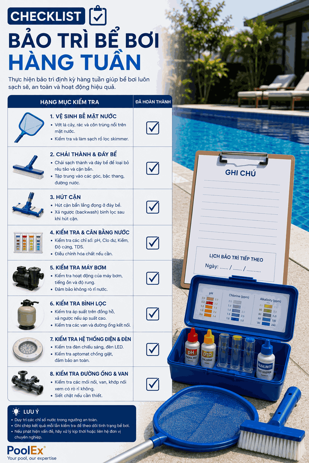 Checklist bảo trì bể bơi hàng tuần