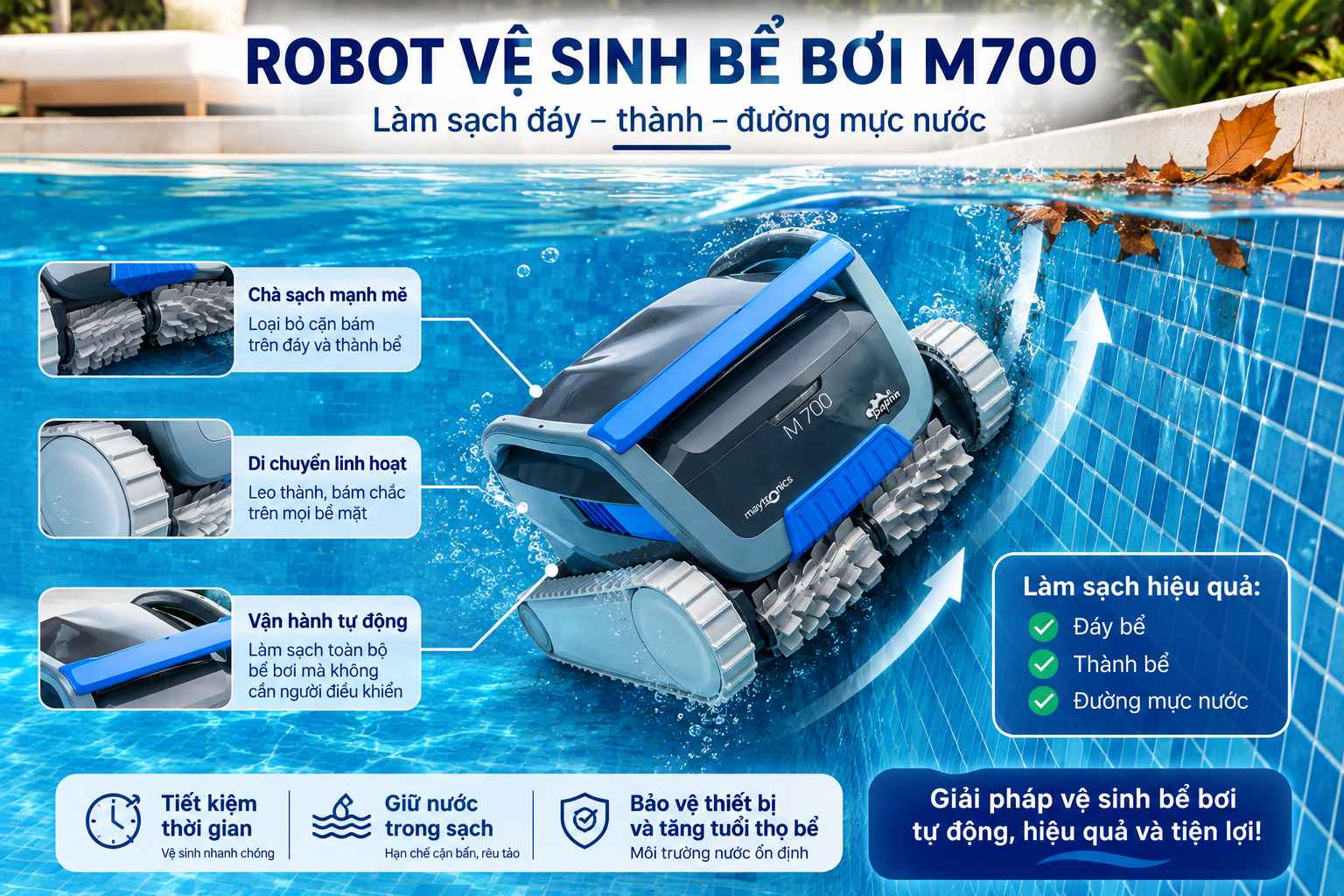 Robot vệ sinh bể bơi làm sạch đáy thành và đường mực nước
