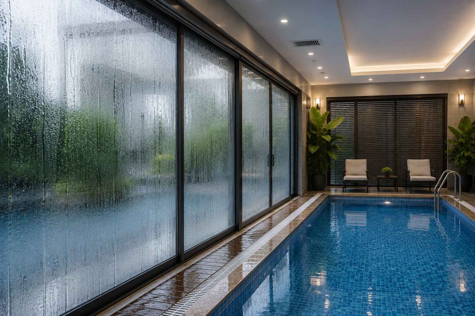 độ ẩm phòng bể bơi quá cao làm kính đọng nước