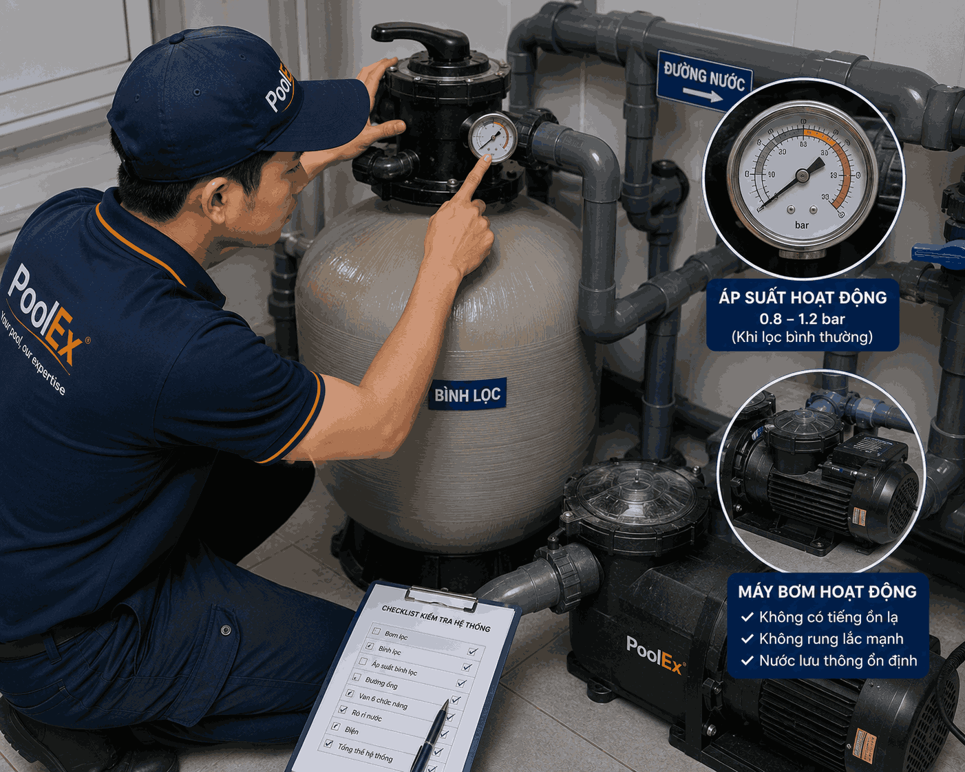 Kiểm tra thiết bị bể bơi định kỳ