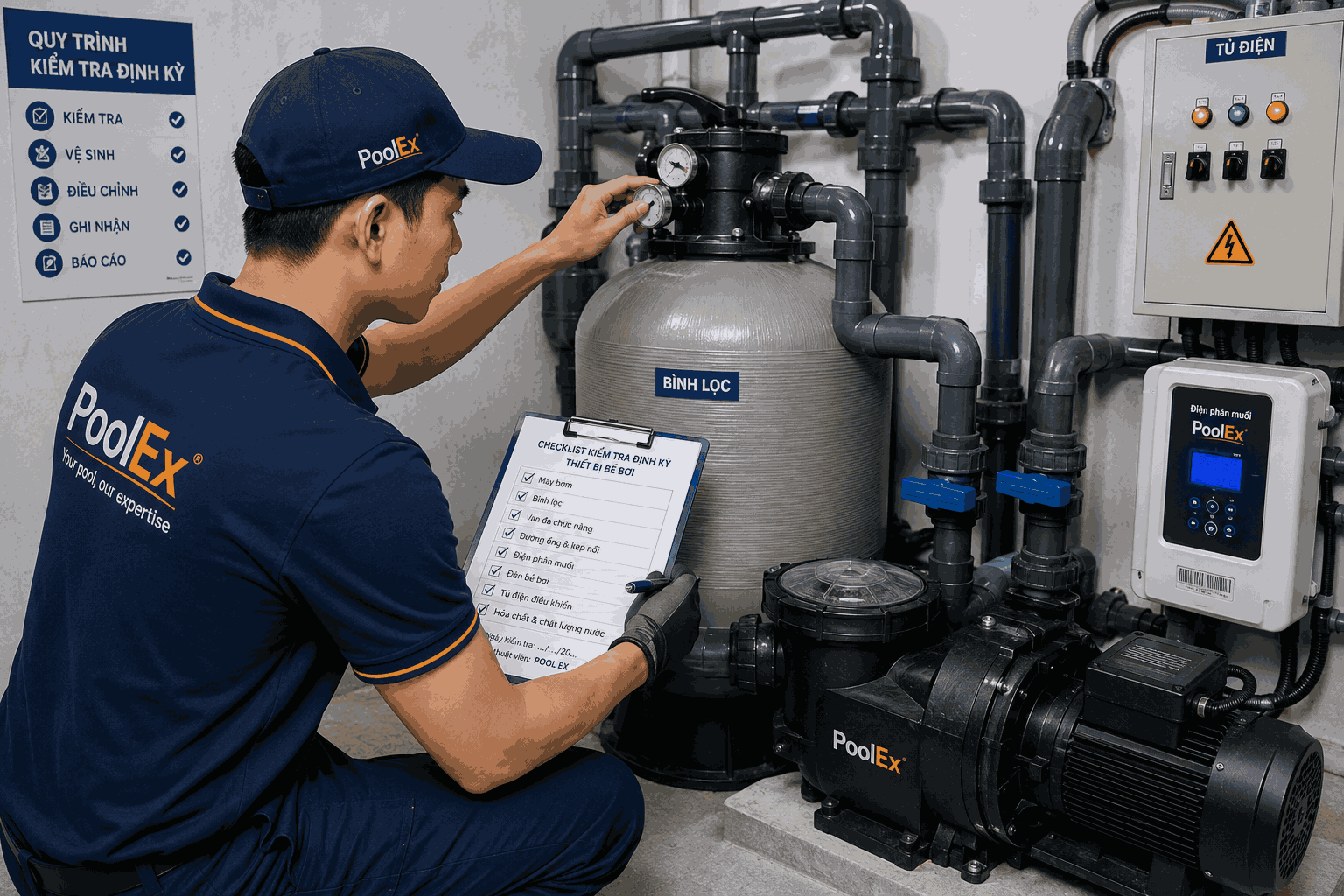 Kiểm tra thiết bị bể bơi định kỳ