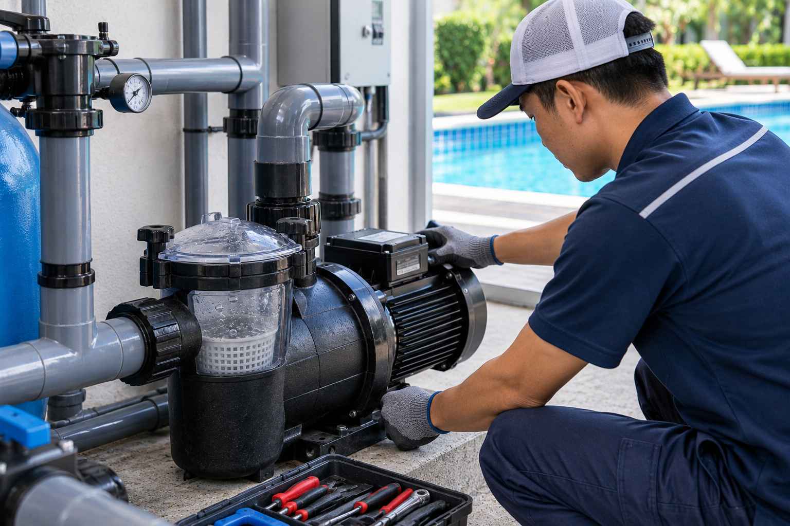 kỹ thuật viên kiểm tra máy bơm bể bơi không lên nước