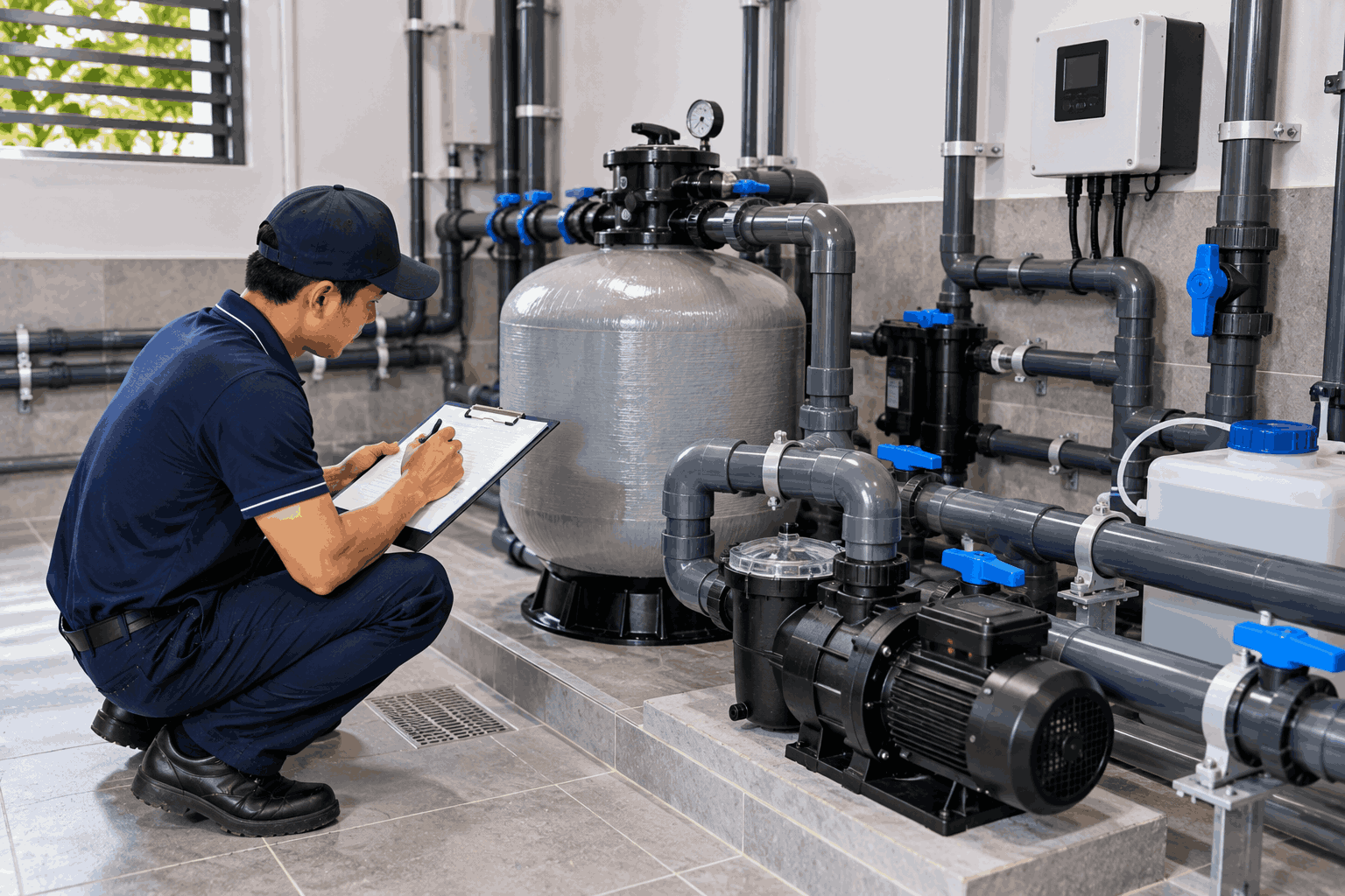 Phòng máy mới hoàn thiện với máy bơm, bình lọc và hệ thống đường ống đang được kiểm tra