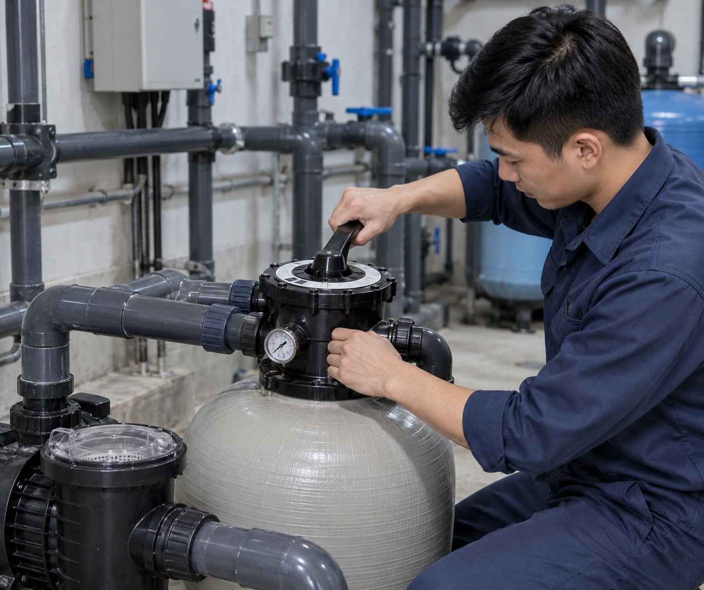 cách sử dụng van 6 chức năng bình lọc