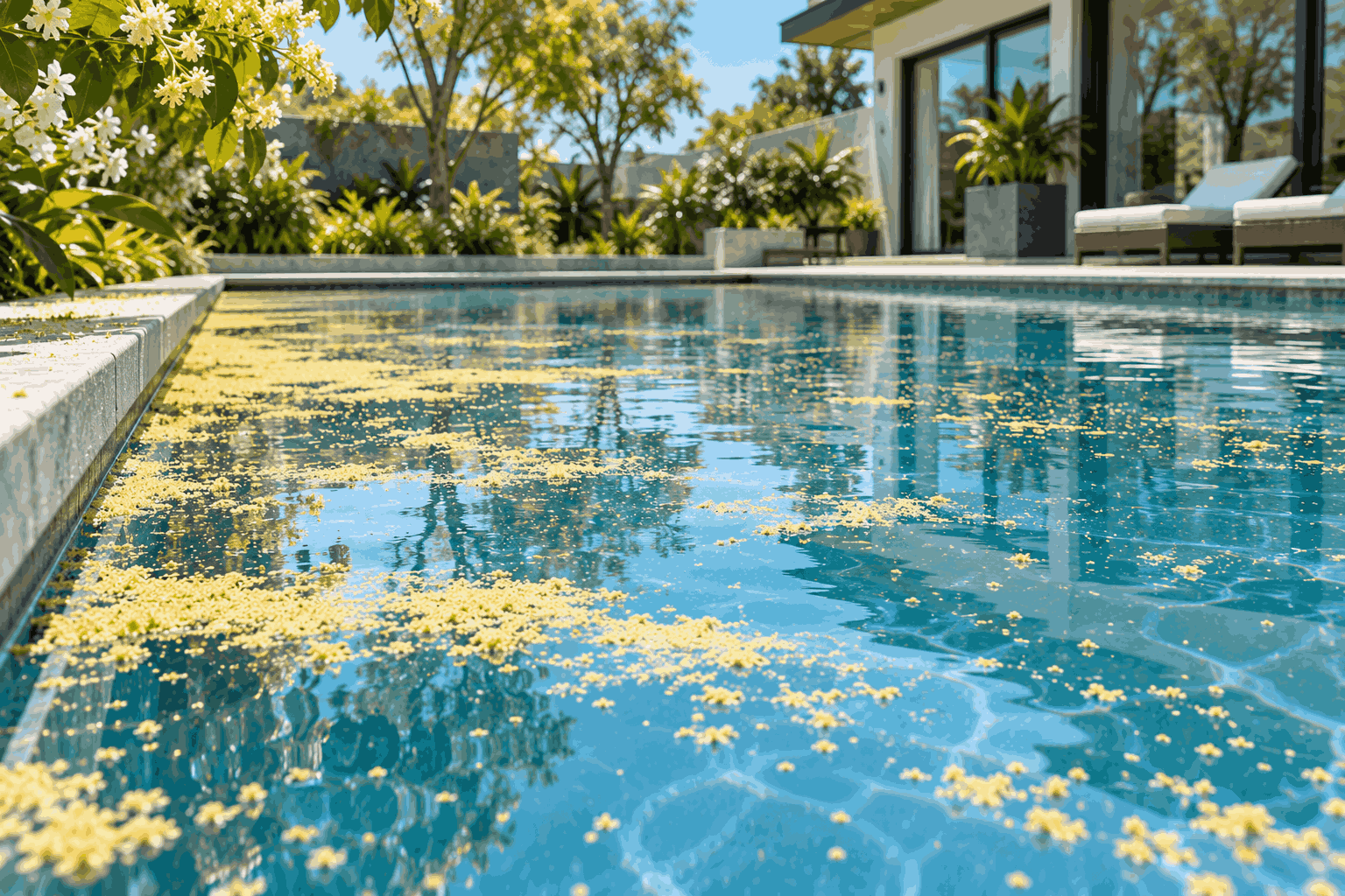 Bể villa ngoài trời có lớp phấn hoa màu vàng nhạt nổi rải rác trên mặt nước