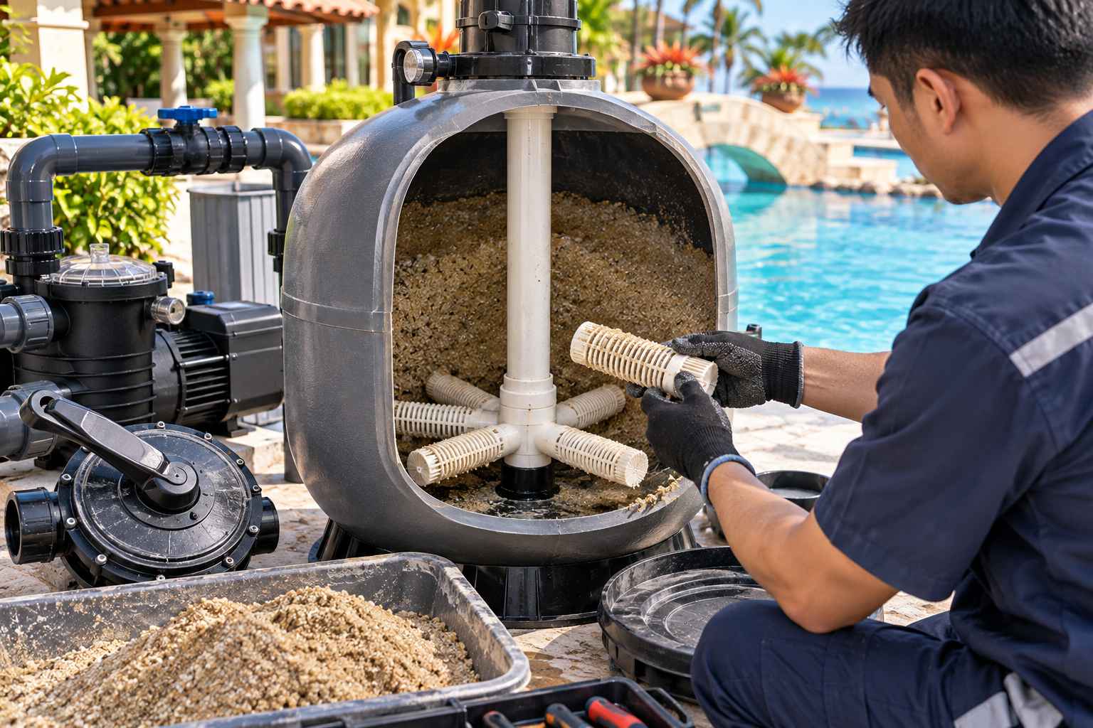 chụp lọc bị hỏng khiến cát lọc tràn vào bể bơi