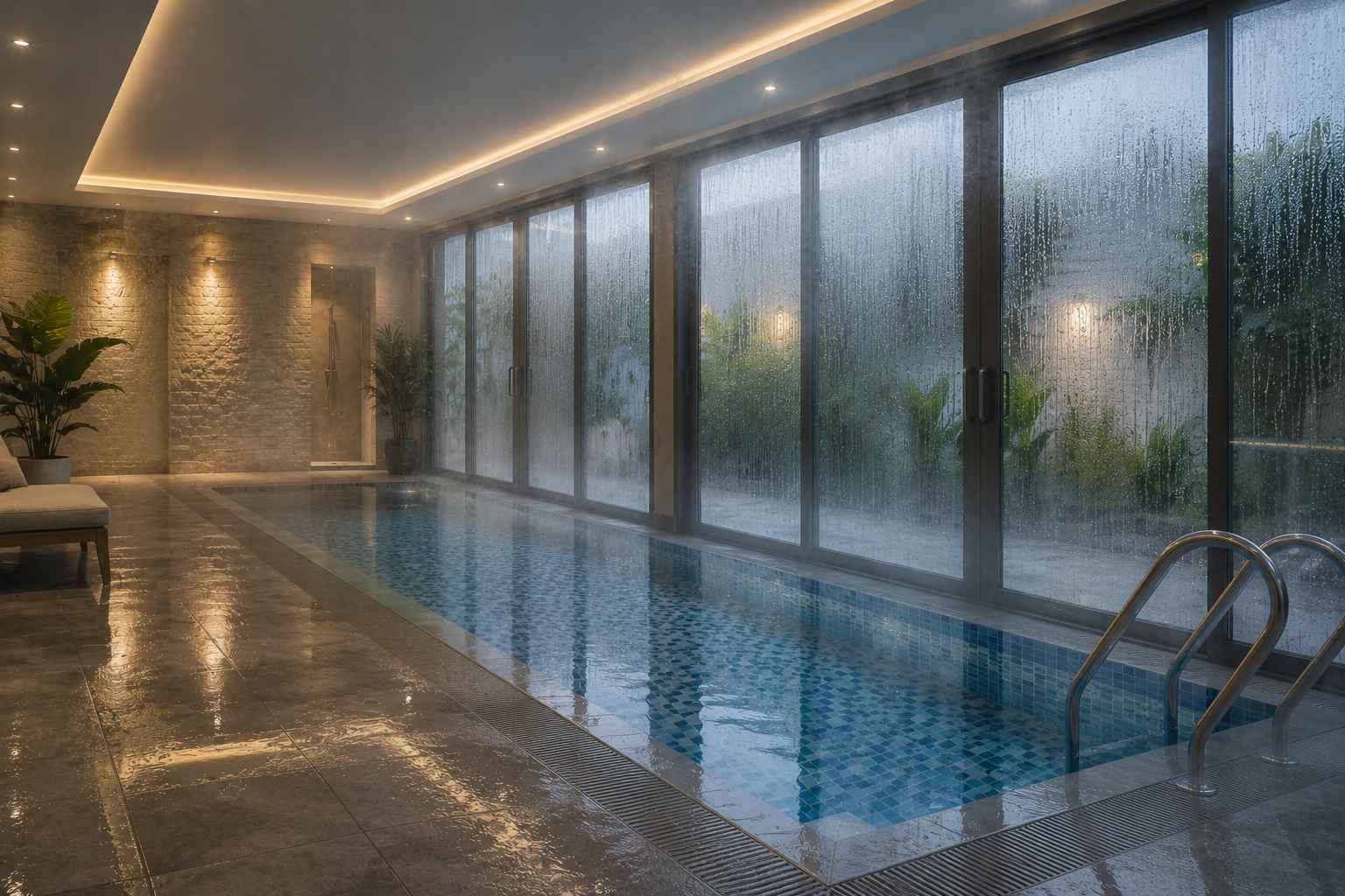 bể bơi bị nồm ẩm vào mùa xuân khiến sàn và kính đọng nước