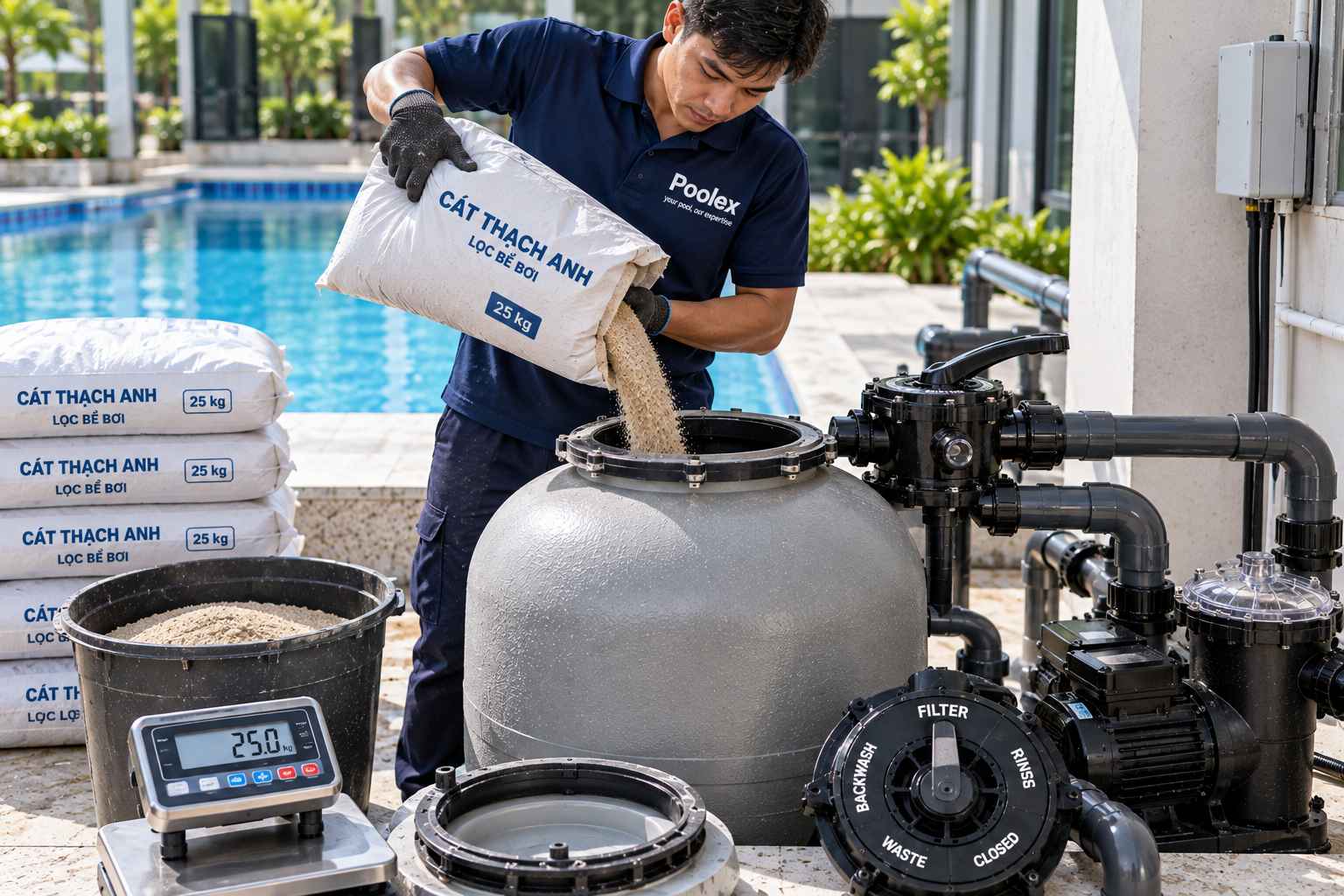 kỹ thuật viên đổ đúng lượng cát vào bình lọc bể bơi
