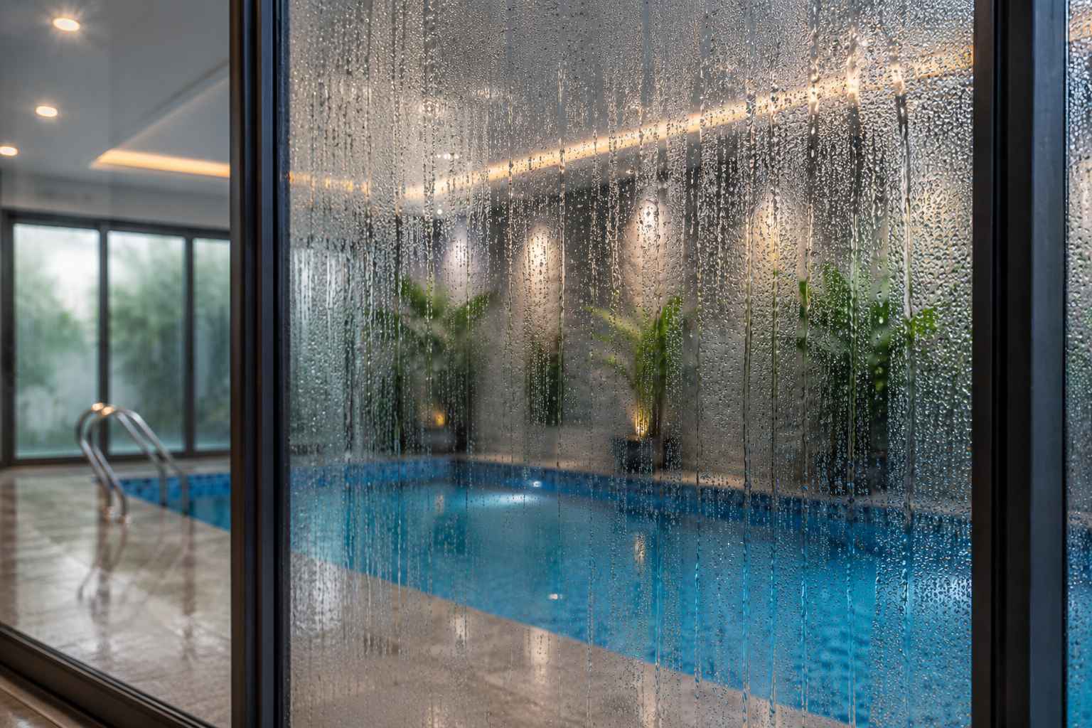 ngưng tụ hơi nước trên kính phòng bể bơi trong nhà