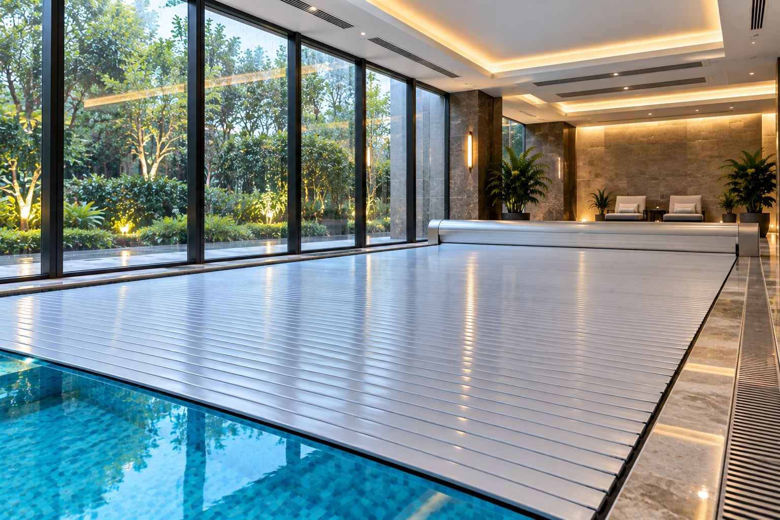 tấm phủ giúp giảm bốc hơi bể bơi trong nhà