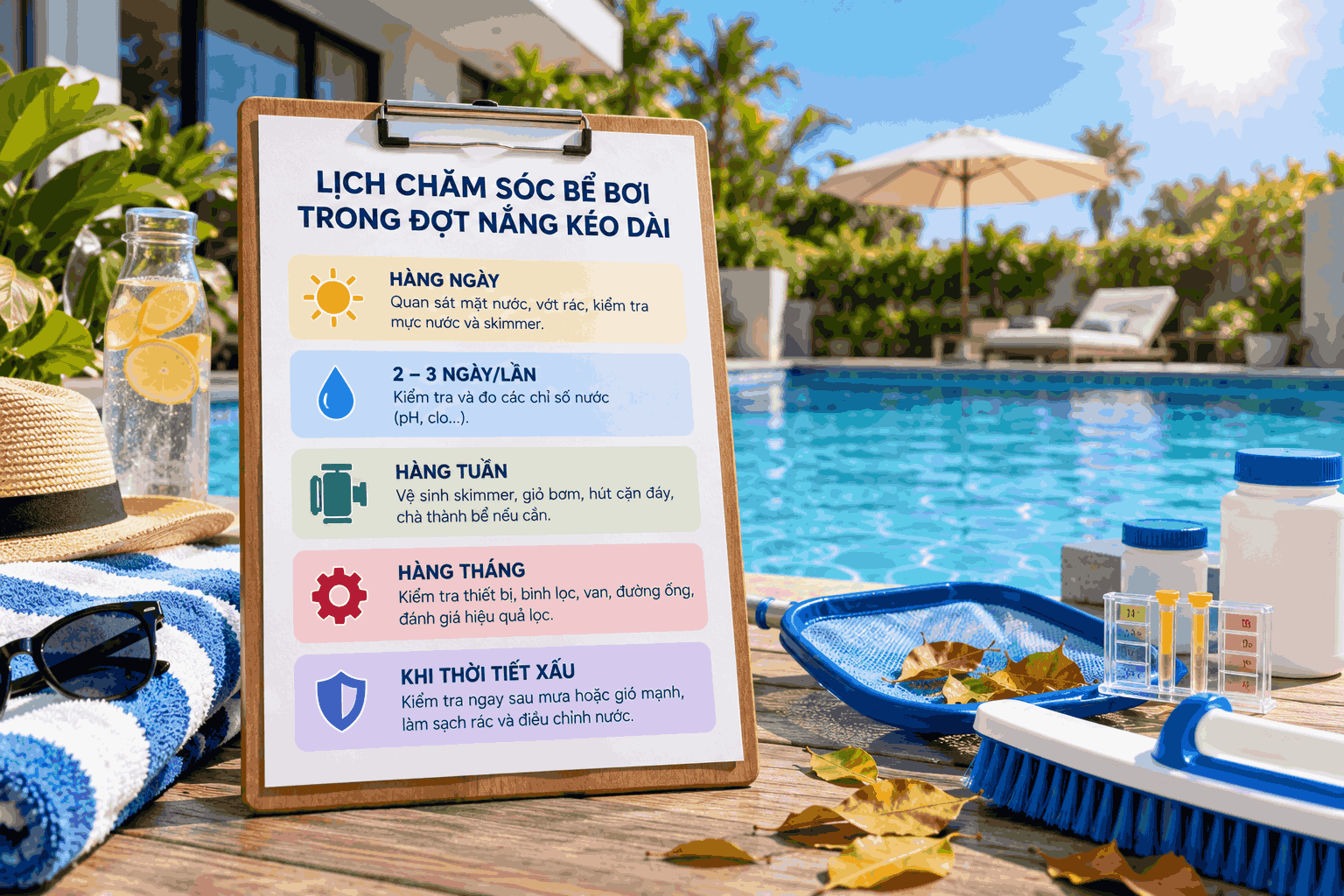 Lịch chăm sóc bể bơi trong đợt nắng gắt