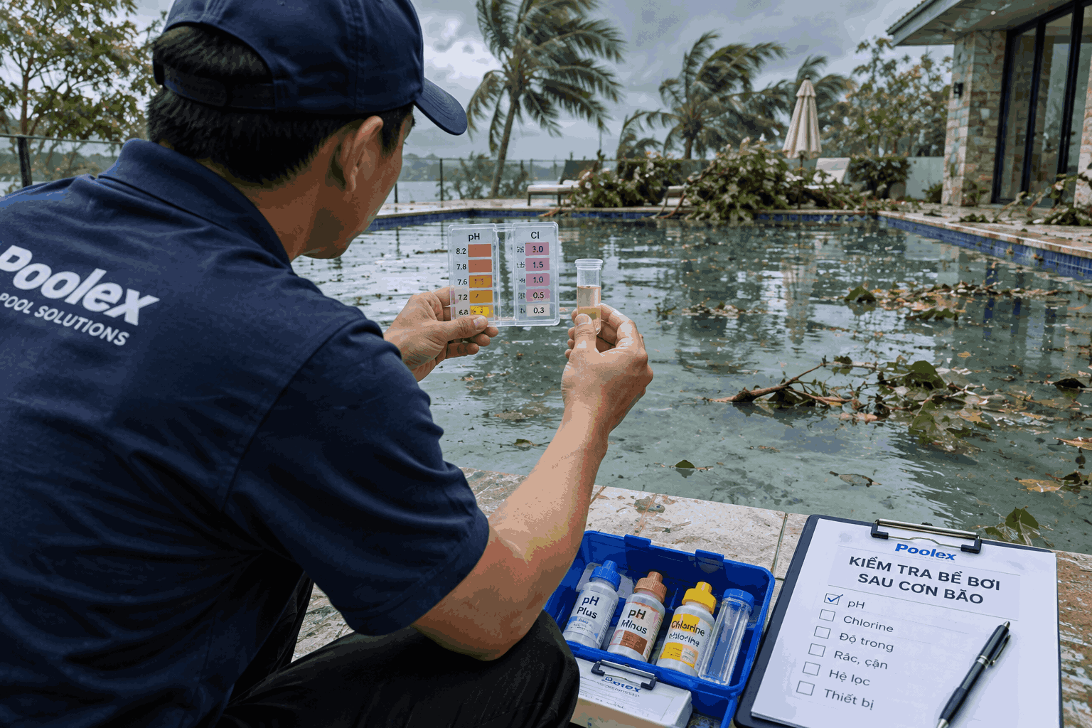 Kiểm tra nước bể bơi sau cơn bão