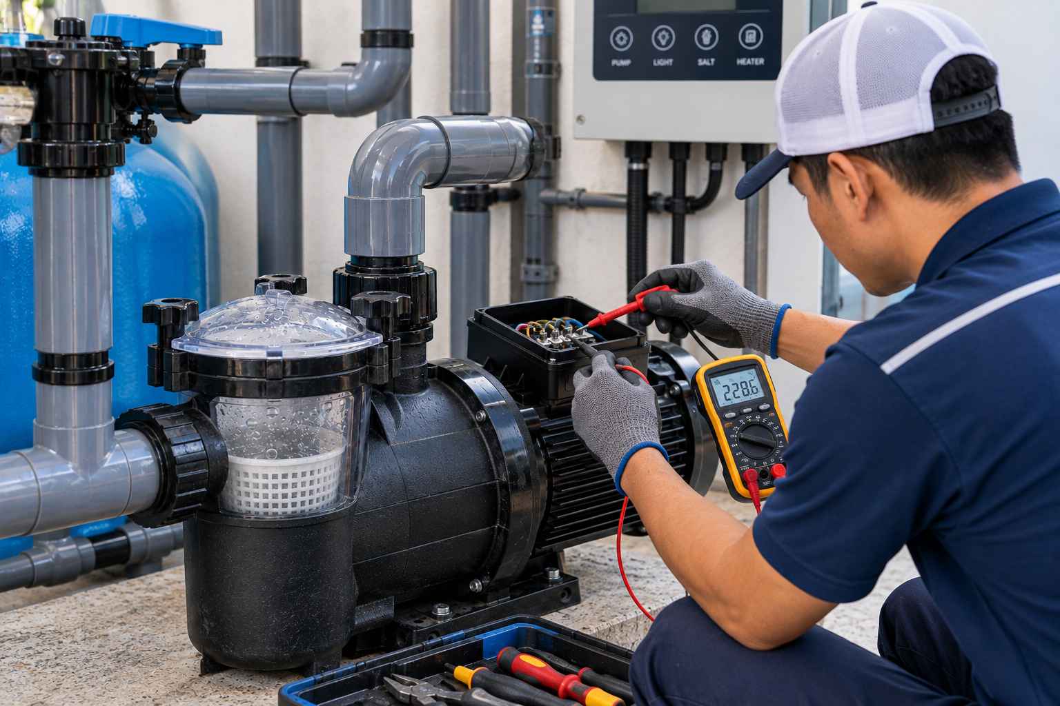 kỹ thuật viên kiểm tra máy bơm bể bơi quá nhiệt