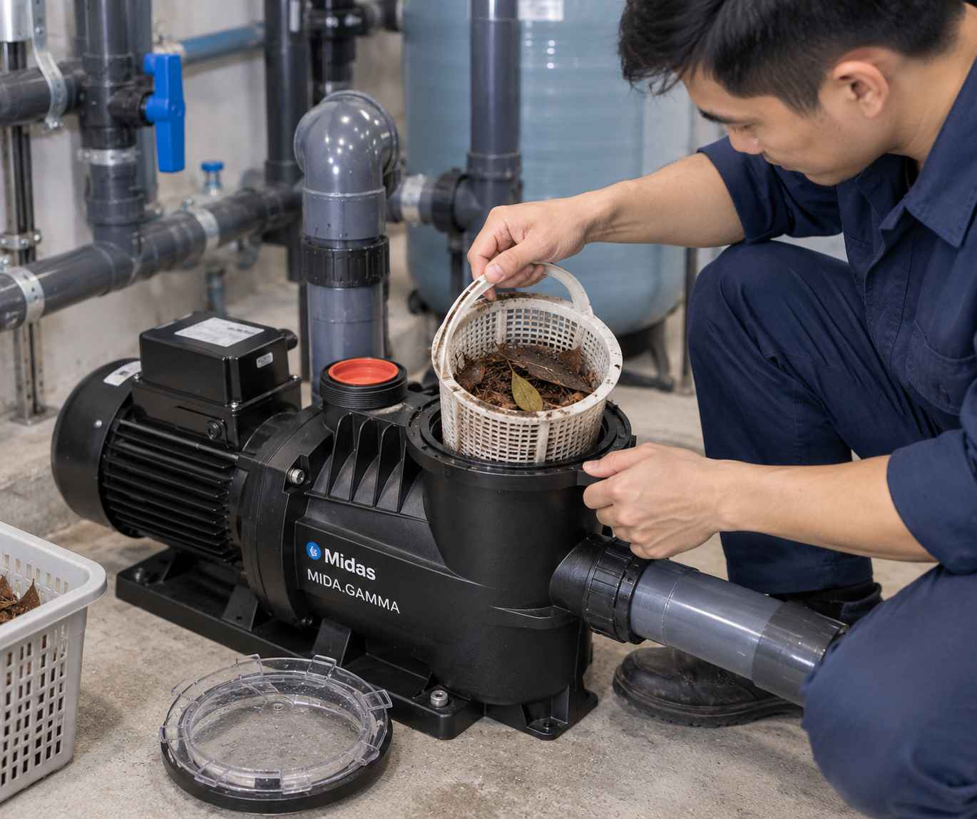 kiểm tra rọ lọc máy bơm bể bơi