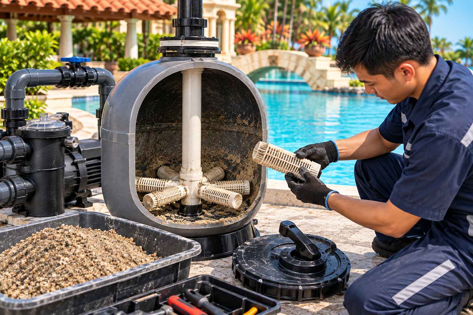 kỹ thuật viên xử lý cát lọc tràn vào bể bơi