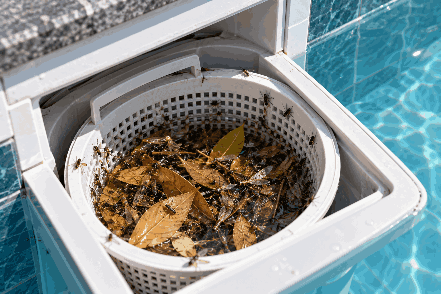 Cận cảnh côn trùng và lá nhỏ tập trung trong giỏ skimmer