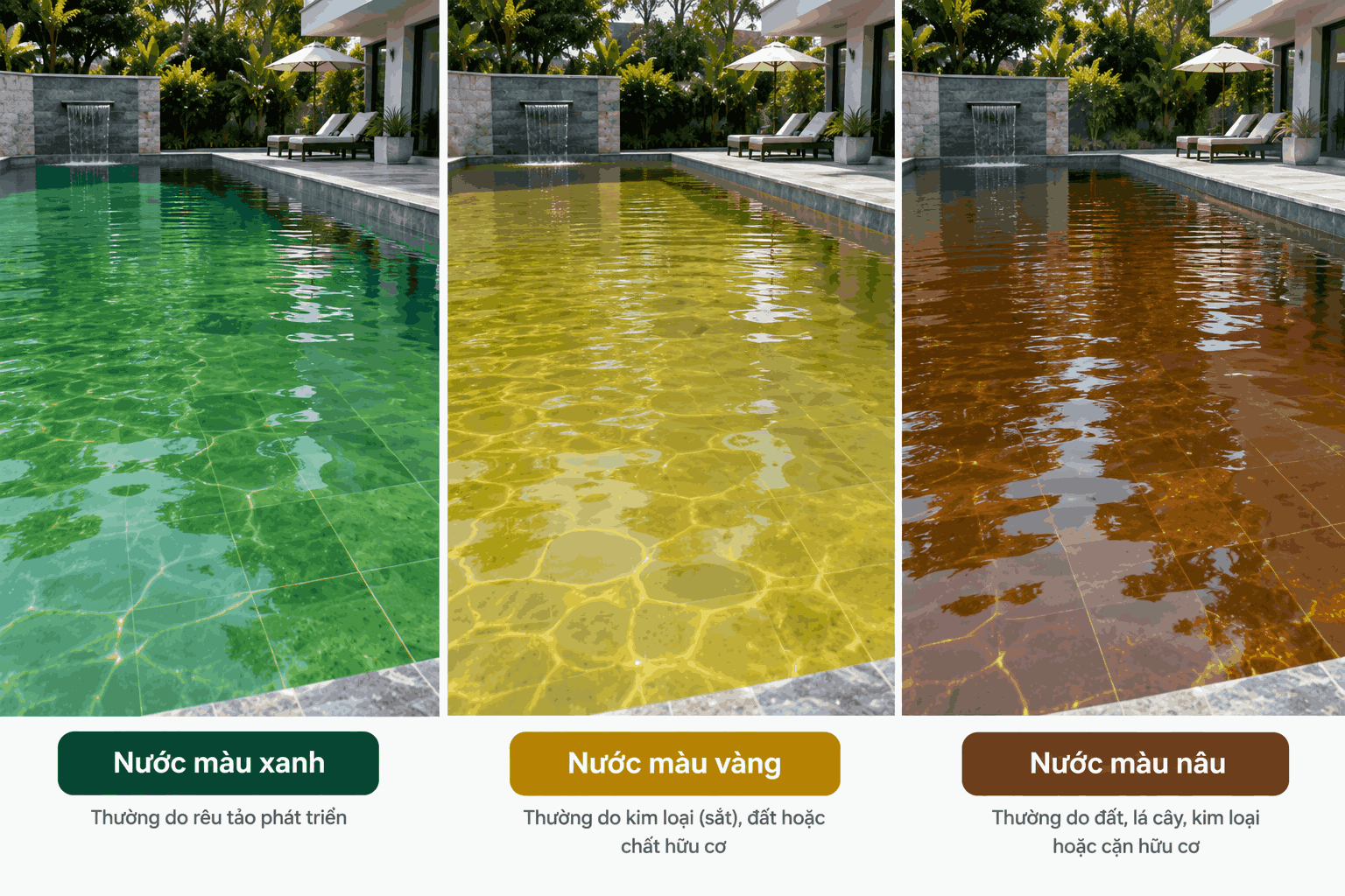 Nước bể bơi bị đổi màu xanh vàng nâu