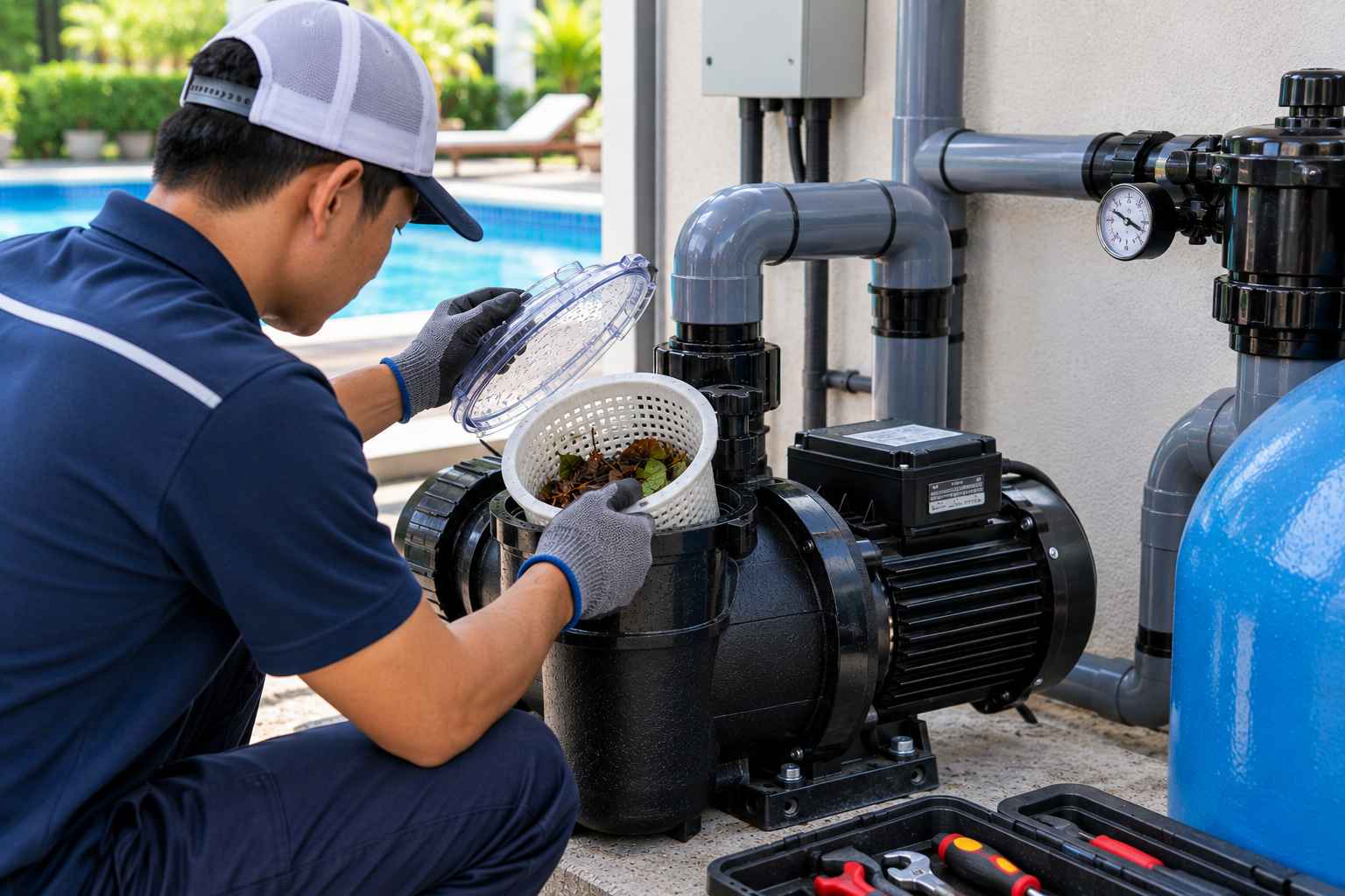 kiểm tra giỏ lọc khi máy bơm bể bơi bị nóng