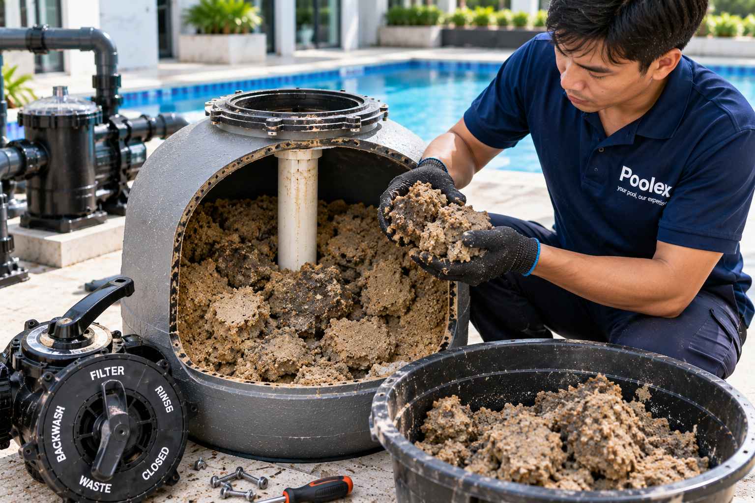 kỹ thuật viên kiểm tra cát bình lọc bị vón cục