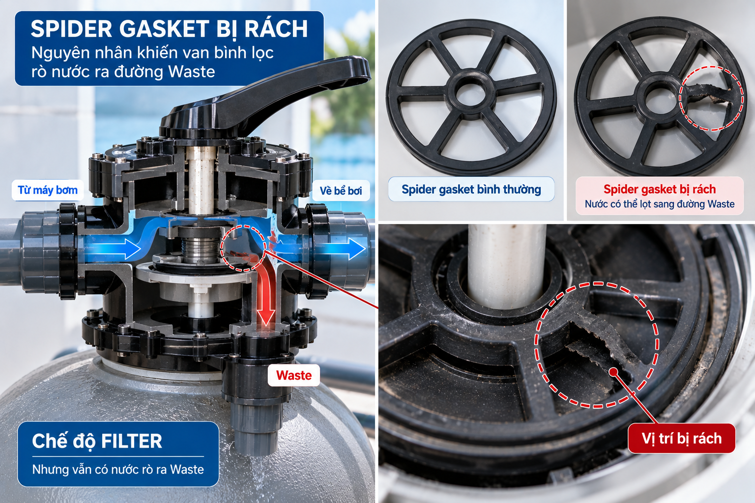 spider gasket van 6 chức năng bị hỏng gây rò nước
