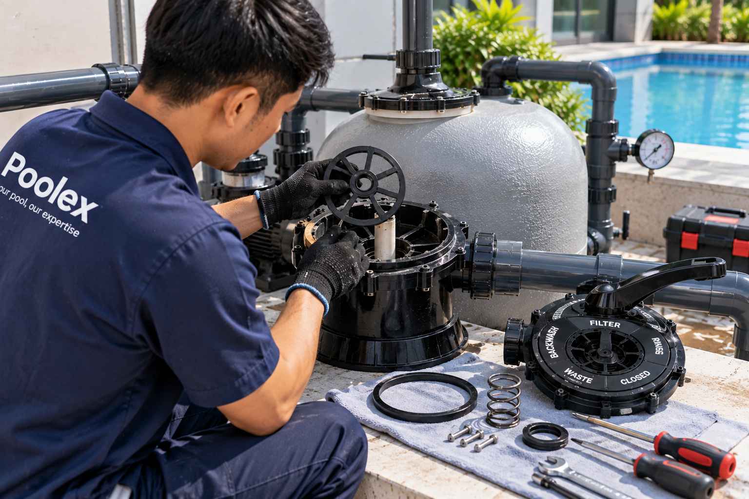 kỹ thuật viên kiểm tra van bình lọc rò nước