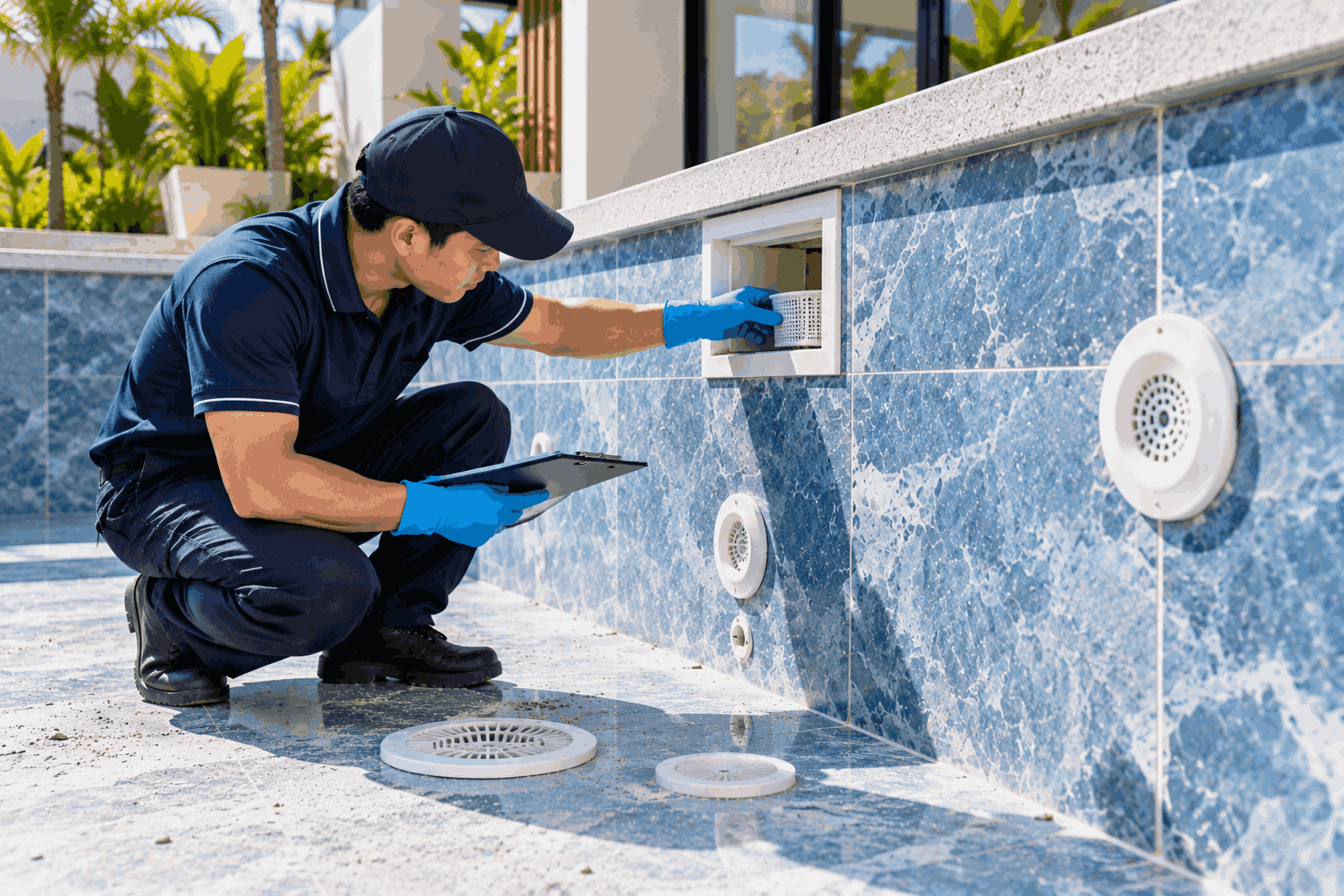 Kỹ thuật viên kiểm tra skimmer, đầu trả và các phụ kiện trước khi cấp nước